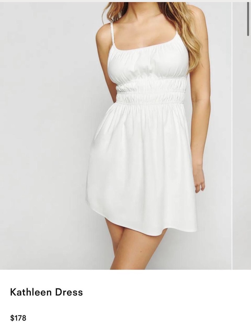 Reformation White Kathleen mini Dress. Spaghetti strap dress with rouching. XS.